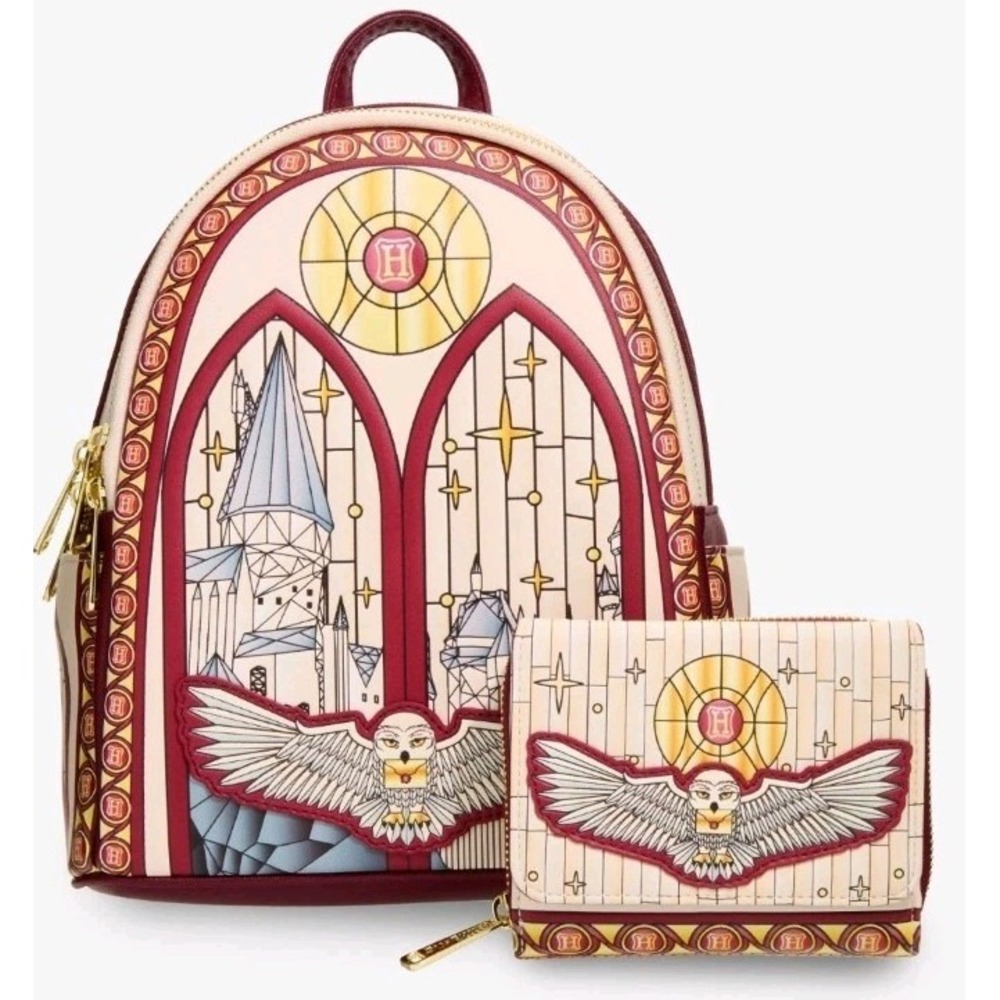 NEW Loungefly Harry Potter Hedwig Stained Glass Window Mini Backpack & WALLET
